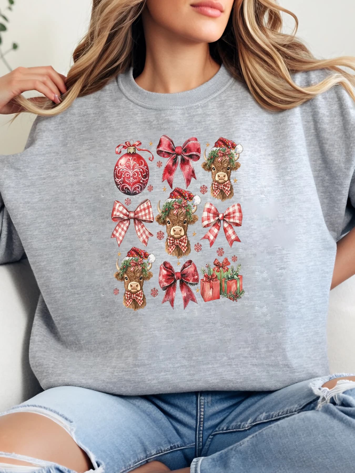 Christmas print cow of the Highland I'M Fine Everything Is Fine Women's Crew Neckwear Casual Grey Plus Sizes