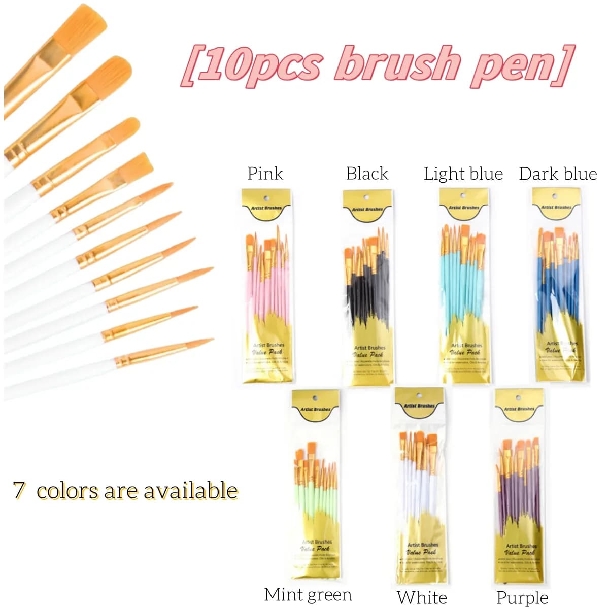 10Pcs Plastic Short Rod Art Painting Watercolor Gouache Oil Brush Multi-color Multi-functional Nylon Hair Paint Brush Artist Set