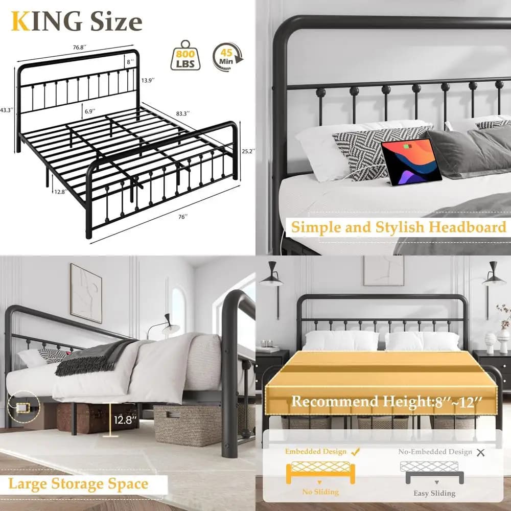Letto matrimoniale classico in metallo con piattaforma, stazione di ricarica, luce LED, pannello in ferro battuto, contenitore sottoletto, senza rete a molle, silenzioso