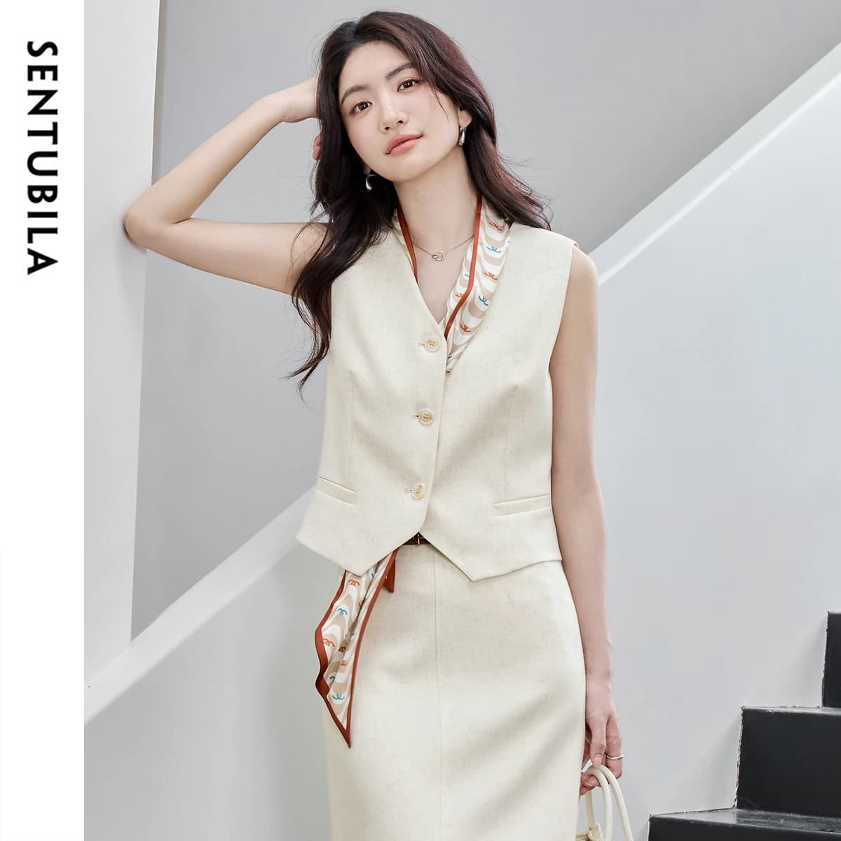 SENTUBILA Women's Linen Blend Sleeveless Suit Vest Jackets 2026 Spring New Office Ladies Elegant V Neck Slim Fit Coats 152JA1922