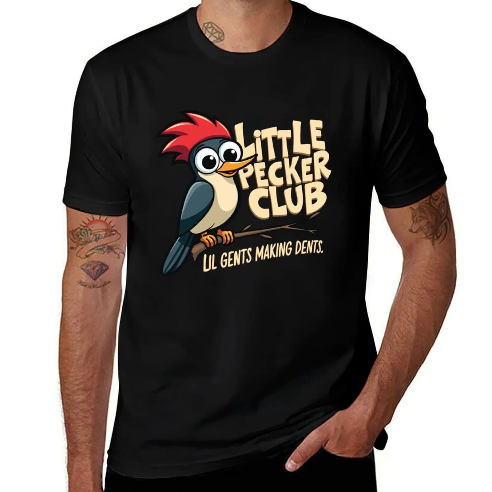 T-shirt divertente con humore del picchio 'Little Pecker Club Lil Gents Making Dents' da uomo per il lavoro e l'uso all'aperto