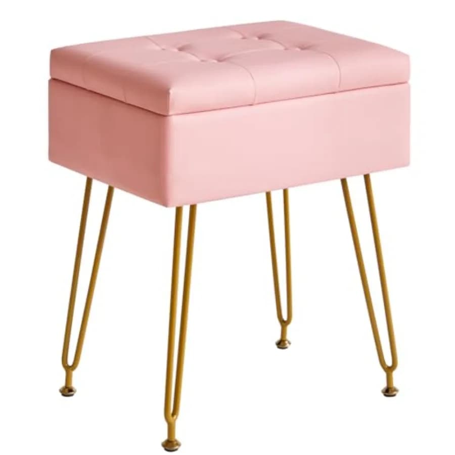 Sgabello Multifunzionale con Vano Portaoggetti, Piano Ribaltabile, Gambe Regolabili in Metallo e Rivestimento in Pelle PU - Poggiapiedi Ottoman 40x30x48cm