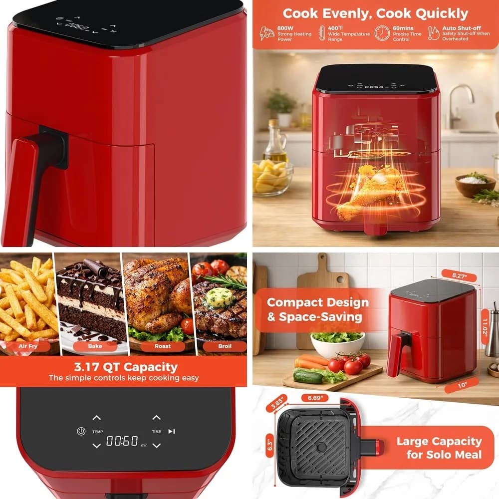 NEWBULIG Compact 3 Qt Digital Air Fryer, Nonstick Plate, Dishwasher Safe Basket, Auto Shutoff, Touchscreen, Quick Easy