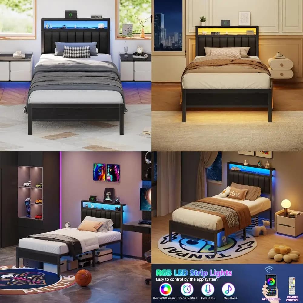 Grey single bed with charging station, LED lights, metal slats holder, storage shelves, no required box