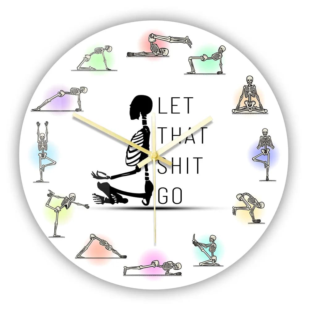 Orologio da parete con teschio yoga Let That Shit Go Mediation Yogi Home Decor Buddha Zen Art Halloween Skeleton Esercizio Orologio da parete silenzioso