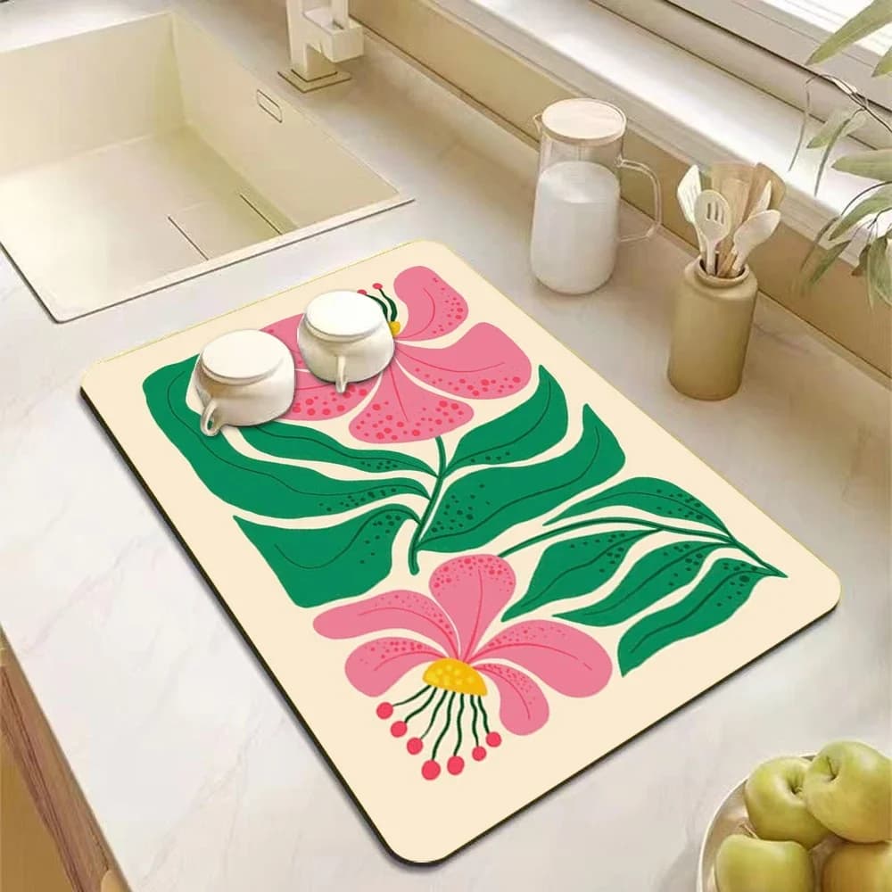 VIKAMA Tappetino da cucina con arte floreale astratta Tappetino antiscivolo assorbente Tappetino scolapiatti antiscivolo Tappetino per piatti a forma decorativa
