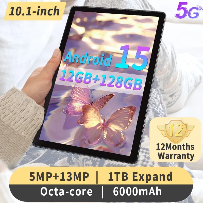 Paitanry 12GB(6+6GB)RAM 128GB ROM Android 15 Tablet 10.1inch 8-Core Tablet 6000mAh Battery,1280*800Incell Screen,512GB Expand
