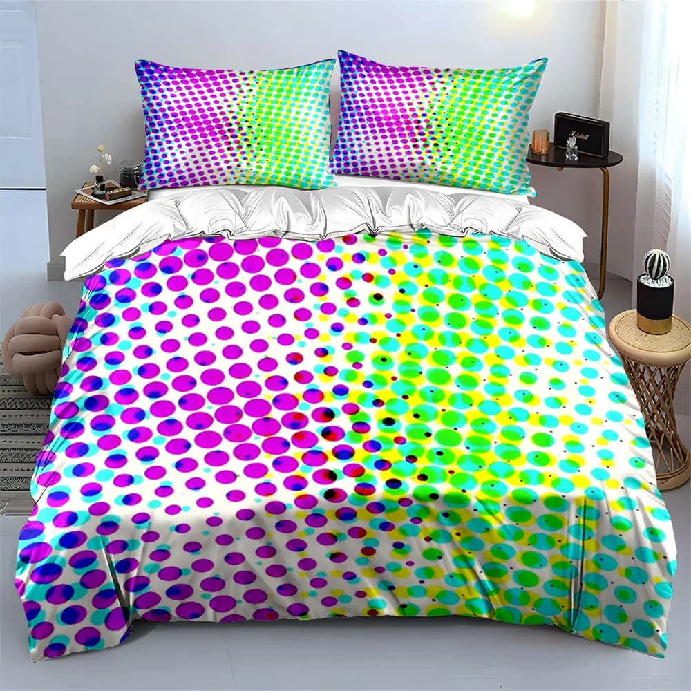 Set di biancheria da letto con motivo a pois sfumati irregolari, base bianca con stampa di punti viola, verdi e ciano, 1 copripiumino, 2 federe, singolo, matrimoniale, idea regalo