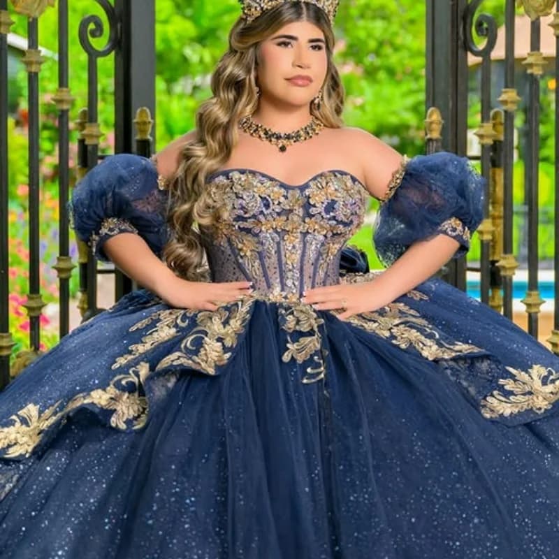 Abito Quinceanera blu royal lucido pizzo tull stratificazione paillettes di cristallo decalcomania fiore fiocco abiti da 15 Quinceanera Personalizzato