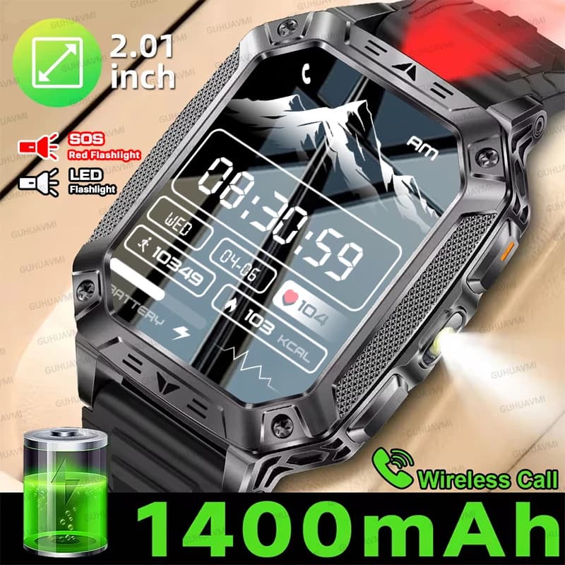 TANK Nuovo Smartwatch Militare da Esterno con Schermo da 2,01 Pollici, Batteria Grande da 1400mAh, Impermeabile 10ATM, Torcia LED, Chiamate HD, Orologio Sportivo