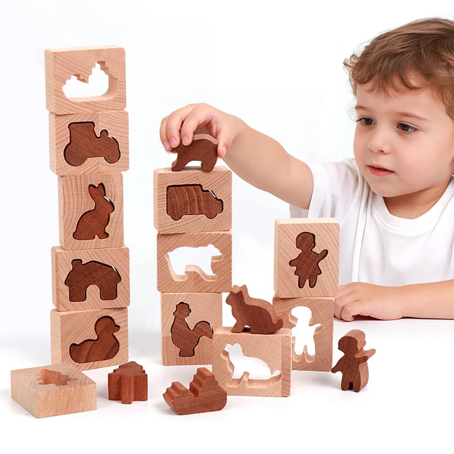 Blocchi in Legno a Forma di Animali da Abbinare, Gioco Montessori di Impilamento e Classificazione per Bambini, Puzzle Educativo Precoce per la Scuola Materna