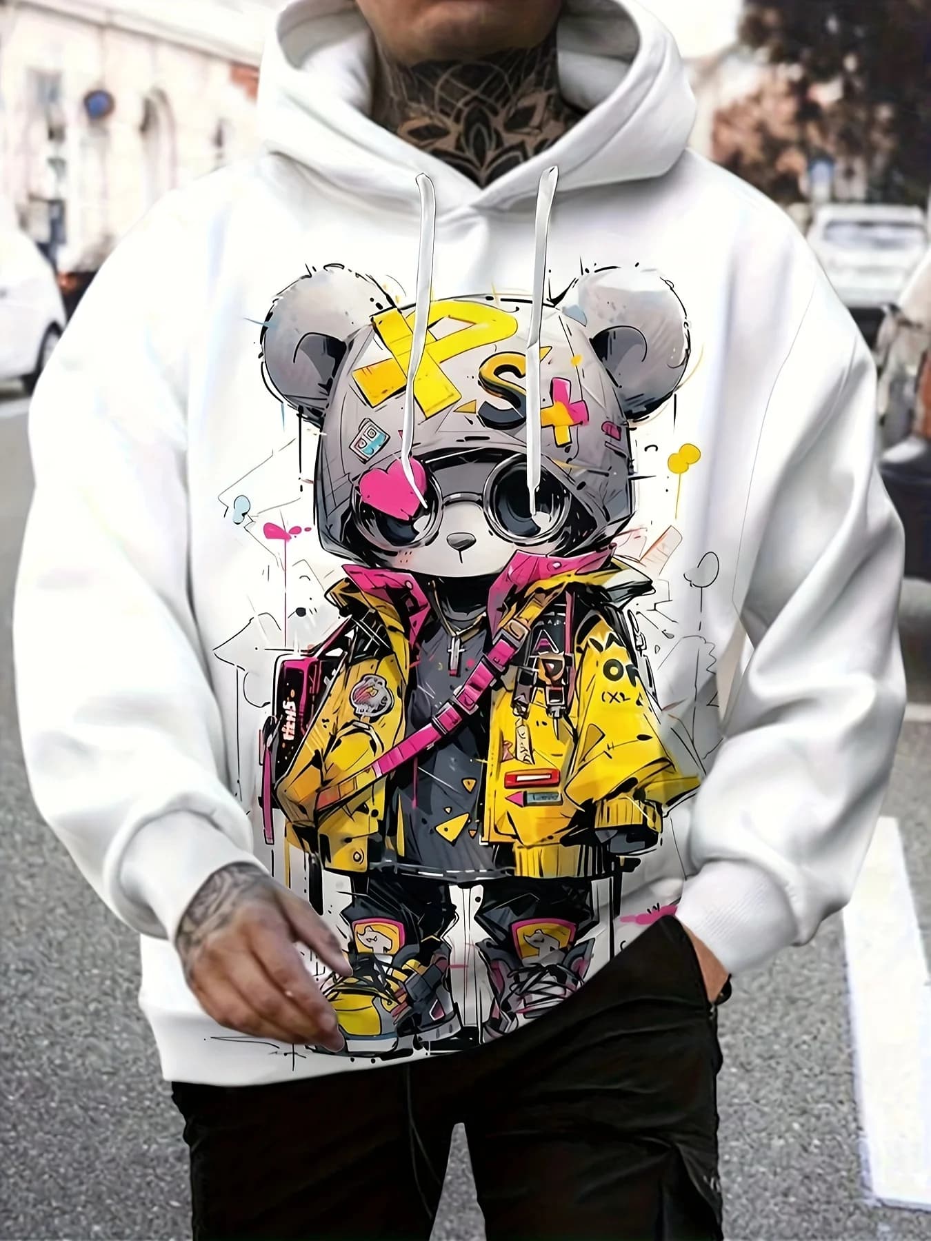 2025 Autumn Men's New Cartoon Cool Bear Printed Soft and Comfortable Hoodie Outdoor Urban Street Style Clothing