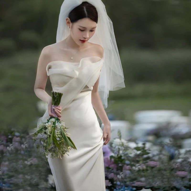 Abito da sposa in raso stile coreano, elegante, con scollo a cuore, semplice, stile foresta, super fatato, a sirena, vestito da sposa slim.