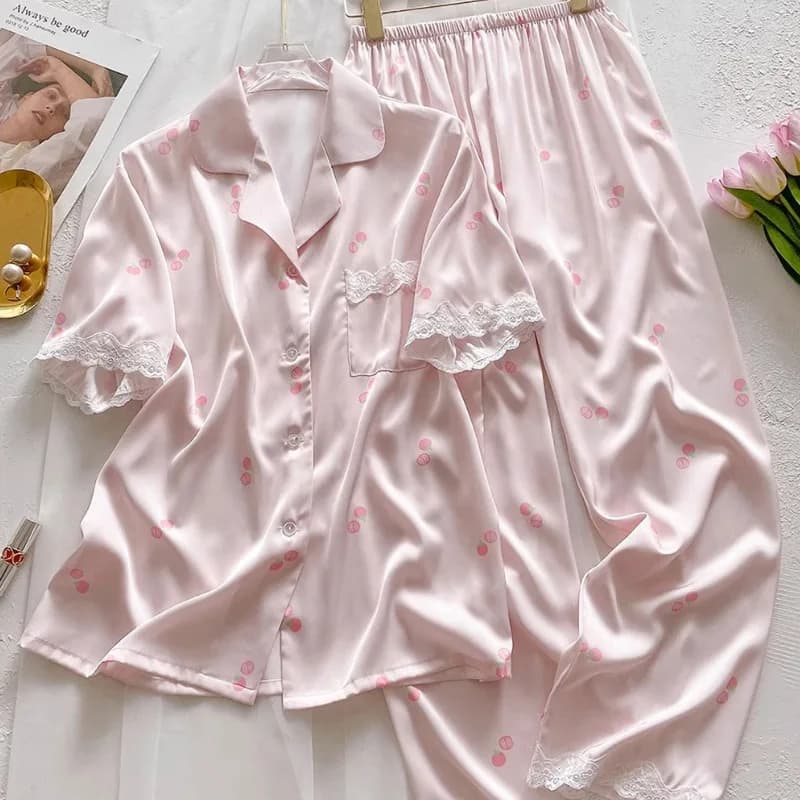 Pigiama in Raso Stile Coreano per Donne, Maniche Corte e Pantaloni Lunghi, Set Comodo e Fresco con Stampa a Stelle
