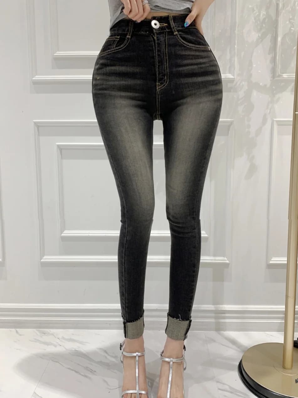 High Waist Stretchy Slim Fit Jeans Women's Retro Washed Denim Pants Korean Style Trendy Girls Skinny Cotton Stretch Jeans