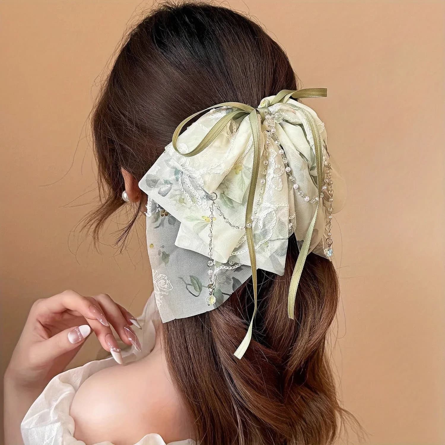 Light Luxury Mesh Floral Bow Ponytail Clip, High-End Floral Embroidery Hair Clip Elegant Leaf Floral Claw Clip with Tassel