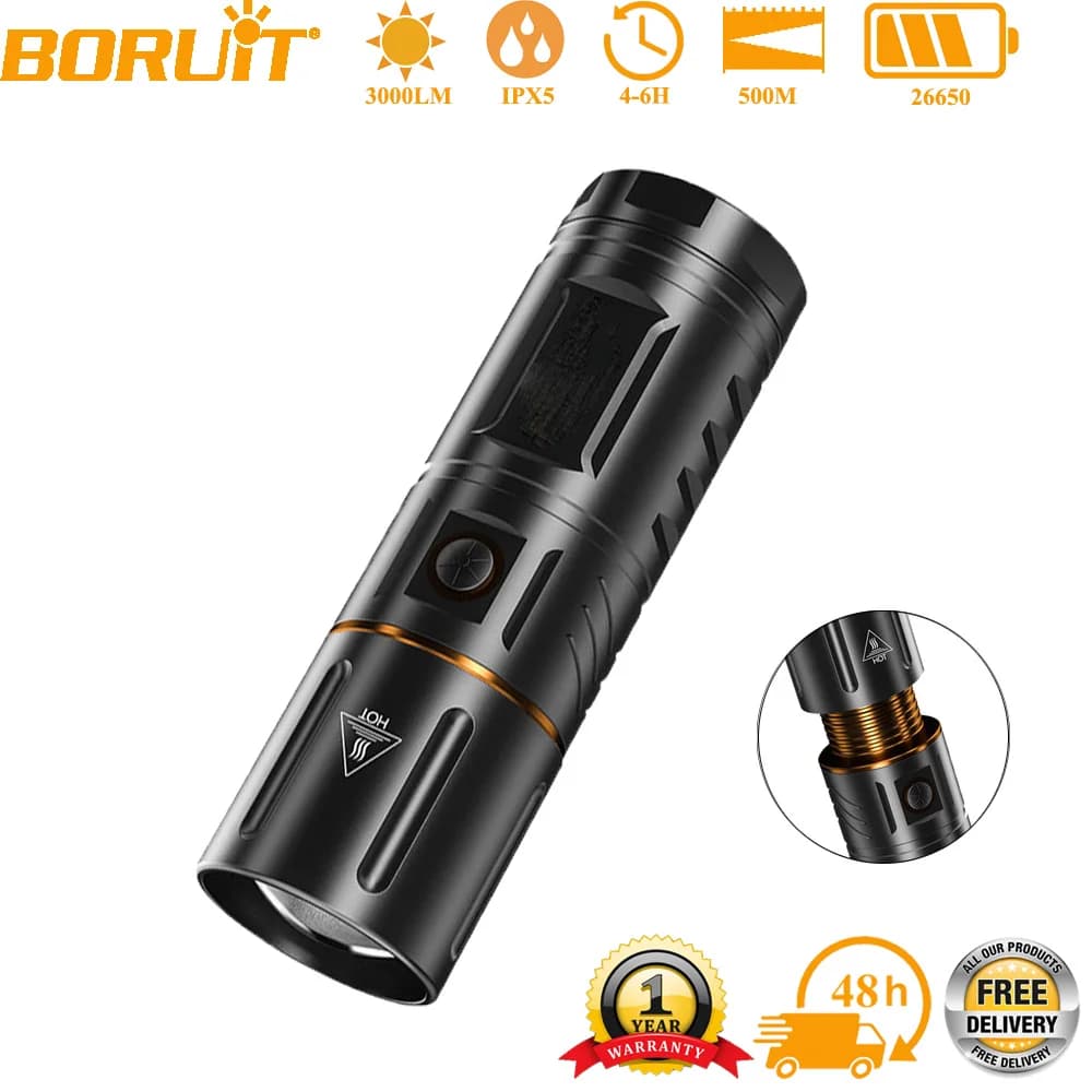 BORUiT Torcia LED Ultra Luminosa 3000LM, Torcia Zoom 26650, 5000mAH Ricaricabile USB, Torcia Portatile per Campeggio e Pesca