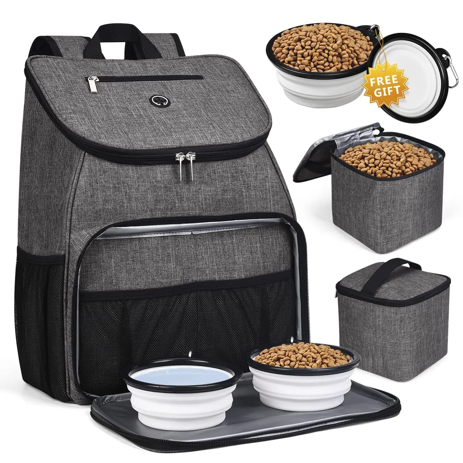 Zaino da viaggio per cani personalizzato approvato dalla compagnia aerea con 2 ciotole pieghevoli in silicone 2 cestini per alimenti Set di accessori per animali domestici Grigio