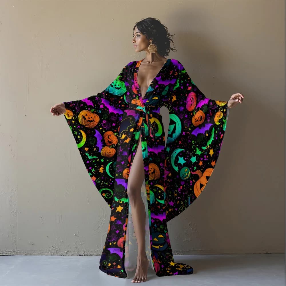 Bathrobe kimono with print skeleton sexy Halloween long sleeves open on front with cosplay belt Halloween parties