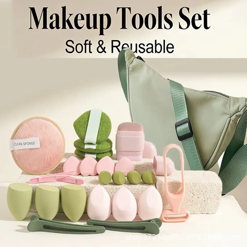 Elegant Raviol Shaped Bag with Set of 23 Pieces of Green Makeup, Soft Sponges for your fingers, Hair Clips, Beauty Tools Kits Trendy and Estetici, Idea Gift