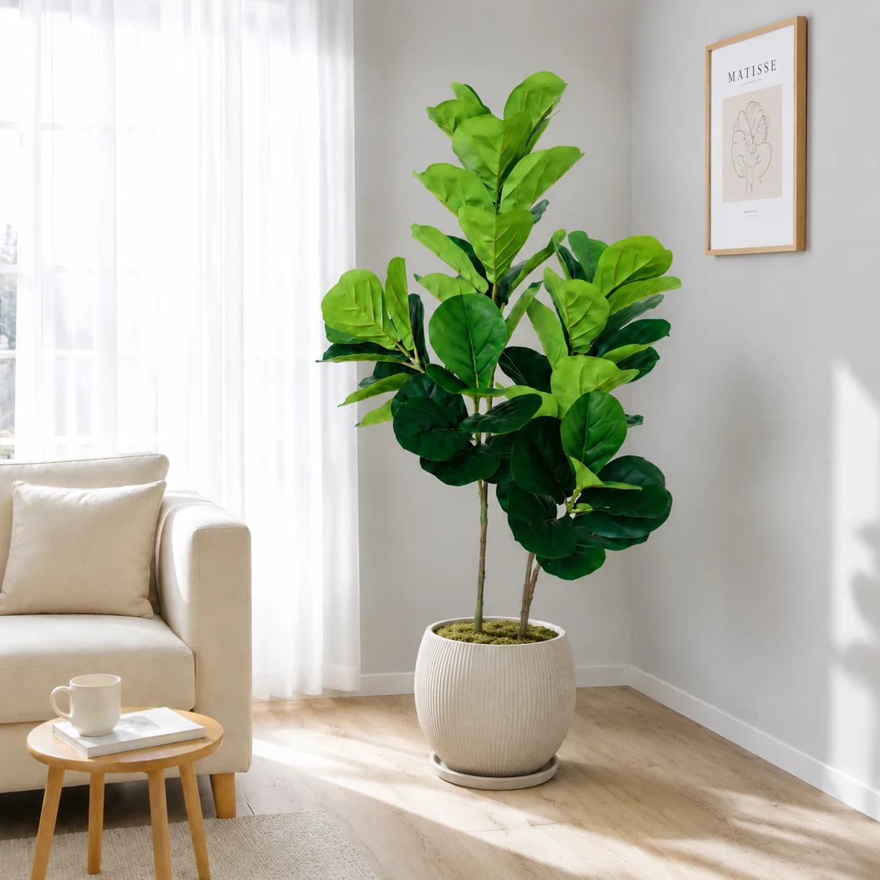 130cm/4.3ft Artificial Ficus Lyrata Tree Potted Fiddle Leaf Fig Plant Indoor Faux Plant for Home Garden Living Room Office Decor