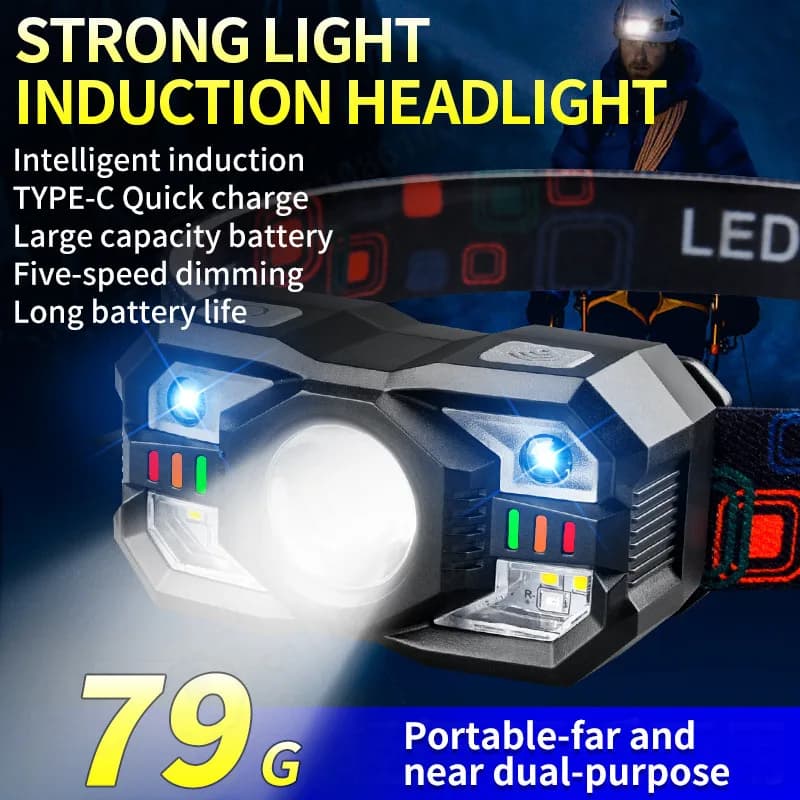 LED Induction Headlamp USB Charging Fluorescent Color Strong Bright Head Light Outdoor Night Running Head‑worn Lighting