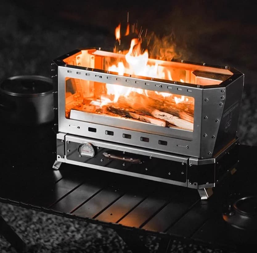 Griglia da Campeggio Portatile in Acciaio Inox Lucidato, Stufa Creativa a Carbone/Legna con Coperchio Ribaltabile, Caminetto per Riscaldamento Tenda