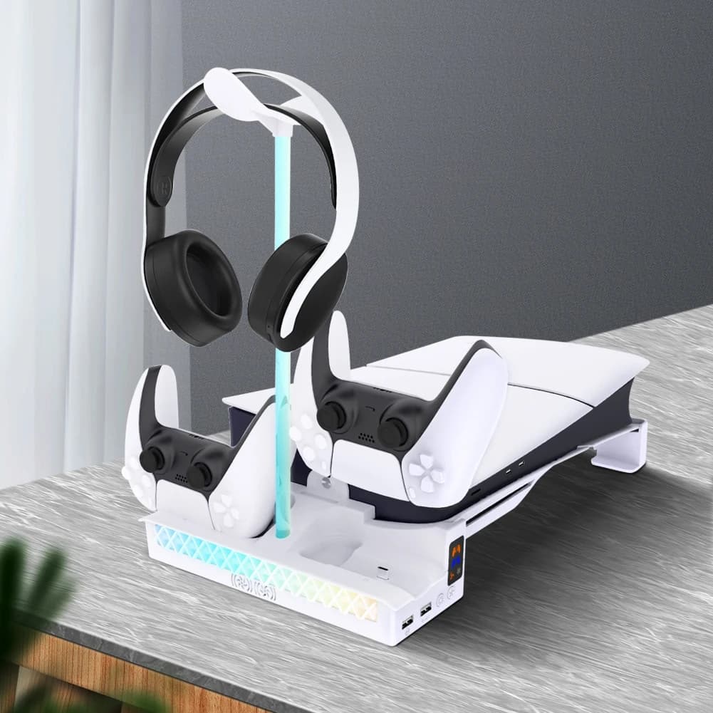 Supporto Base con Caricatore Doppio per Controller e Gancio per Cuffie per Console Slim PlayStation 5 Edizioni Disc e Digital