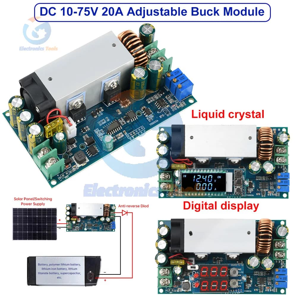 DC10-75V 20A Modulo di riduzione della tensione regolabile MPPT Ricarica solare Modulo di carica corrente a tensione costante Convertitore step-down