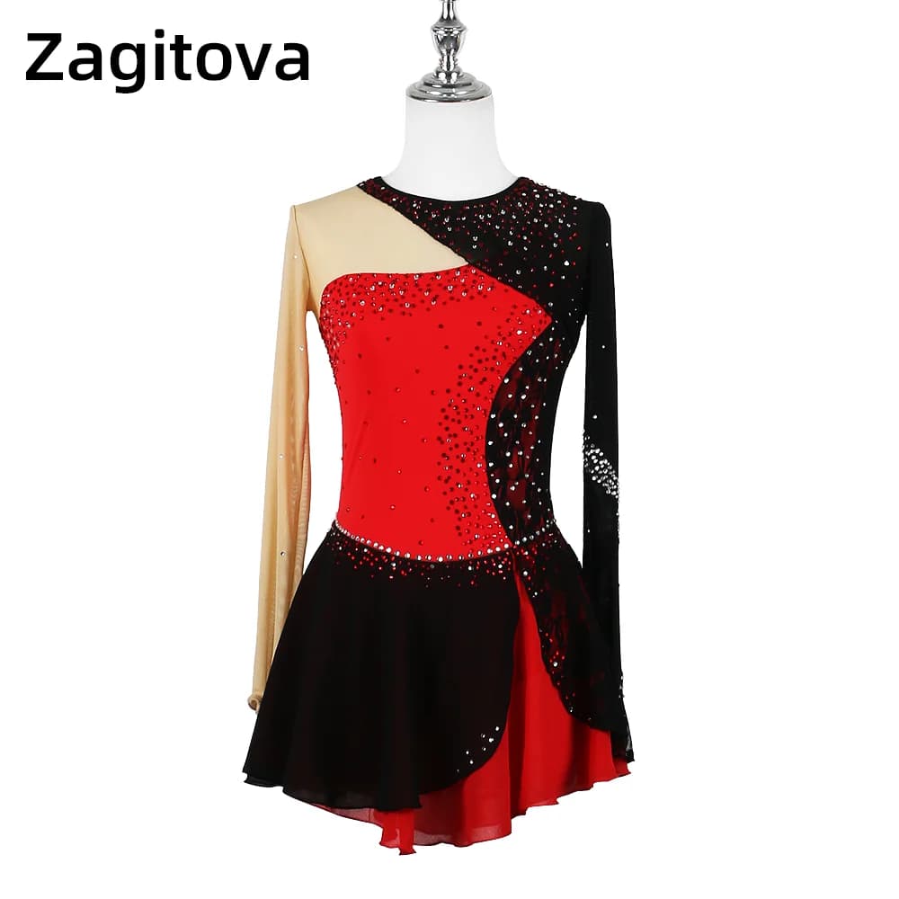 ZAGITOVA Abito da pattinaggio di figura nero rosso Gonna da pattinaggio su ghiaccio a maniche lunghe Gonna da donna in rete da competizione con diamanti in pizzo