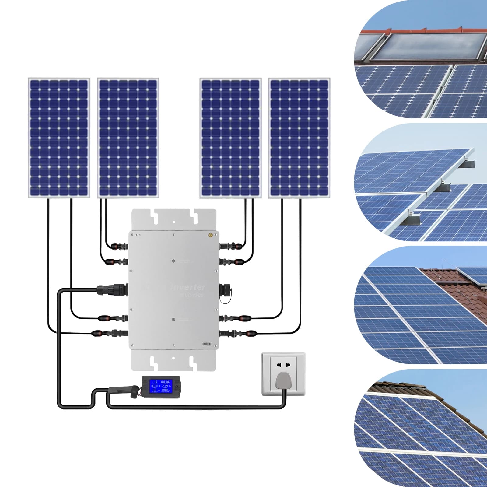 Micro inverter solare per collegamento alla rete, inverter CC-CA a onda sinusoidale pura WVC-1200W MPPT, impermeabile IP65 con display LCD, compatibile