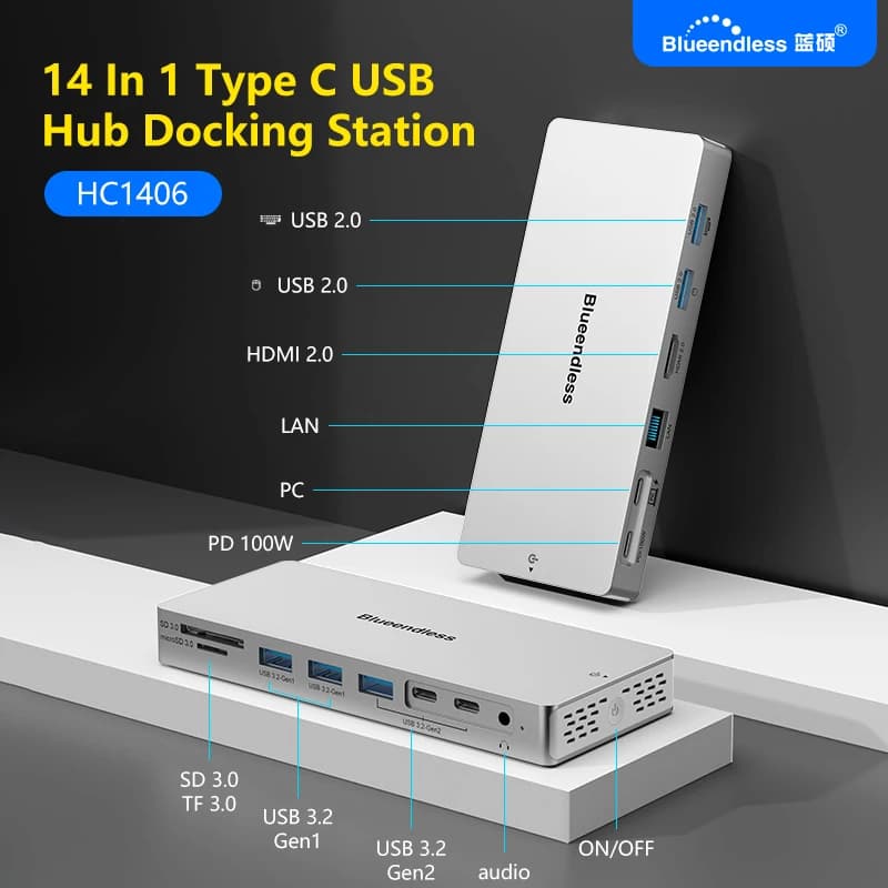 Blueendless 14 In 1 Tipo C Hub Docking Station 4K 60Hz HDTV Lan RJ45 Adattatore 10Gbps USB 3.2 Hub Lettore SD/TF Audio da 3,5 mm PD100W