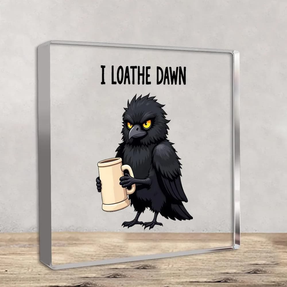 Ornamento Corvo Gotico in Acrilico 2D con Scritta 'I Hate Dawn', Occhi Gialli, Base a Forma di Boccale di Birra, Decorazione da Scrivania Quadrata per Casa