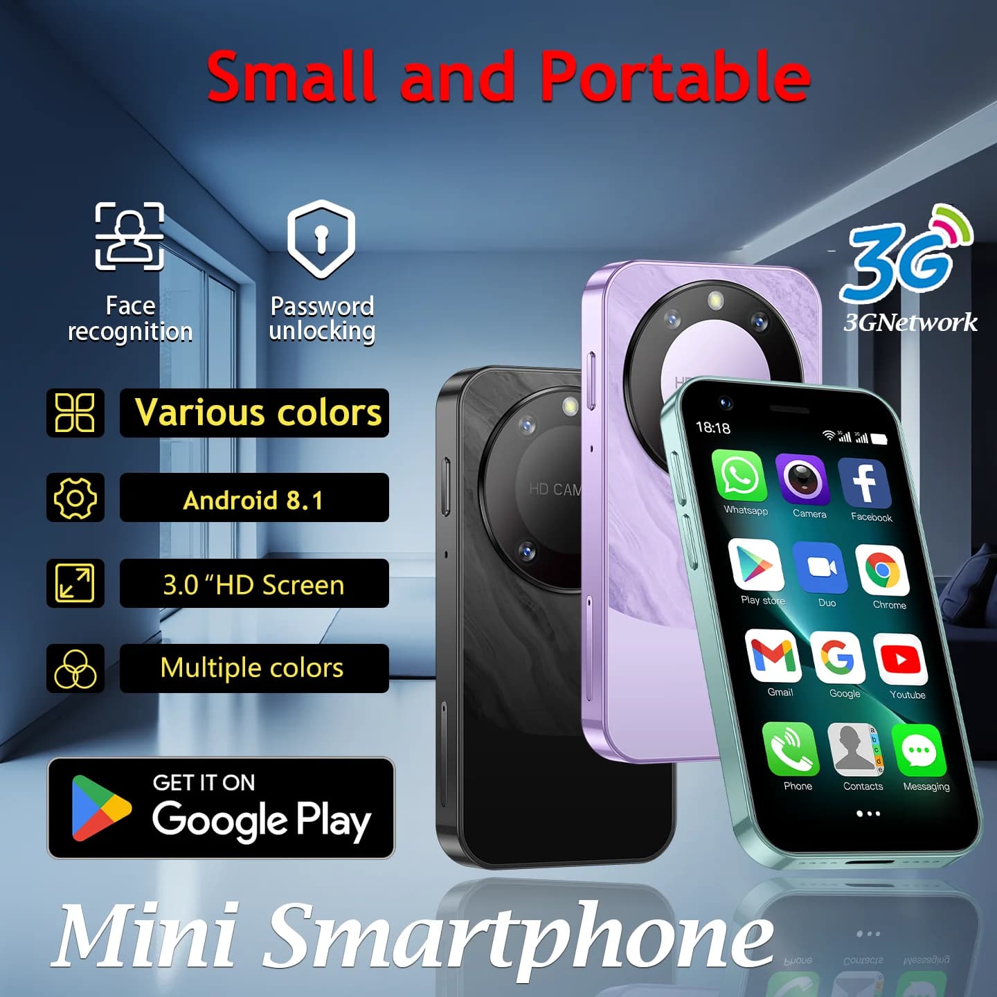 Smartphone Android F8 Pro Max Mini, 2GB RAM, 16GB ROM, 2000mAh, Google Play Store, Dual SIM, Rete 3G