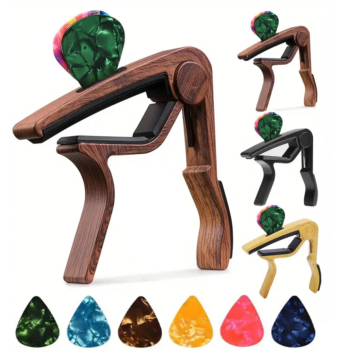 High quality zinc alloy guitar capodastre with 5 celluloid picks (random colors) - for acoustic, electric, classical and ukulele
