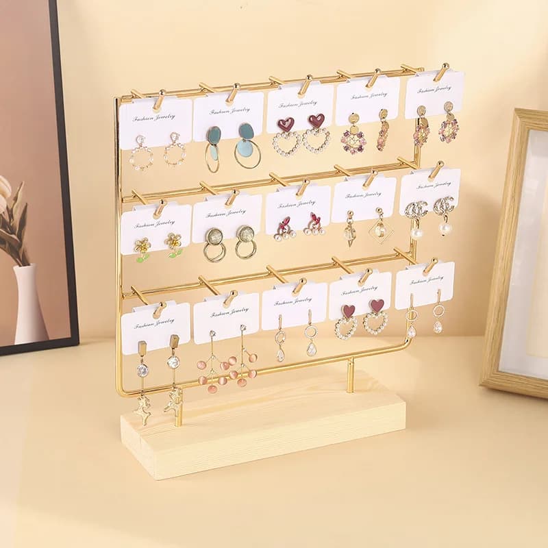 3-Tier Metal Jewelry Display Stand Wooden Base Multi Hooks Earring Bracelet Hair Tie Rack Retail Showcase Photography Prop