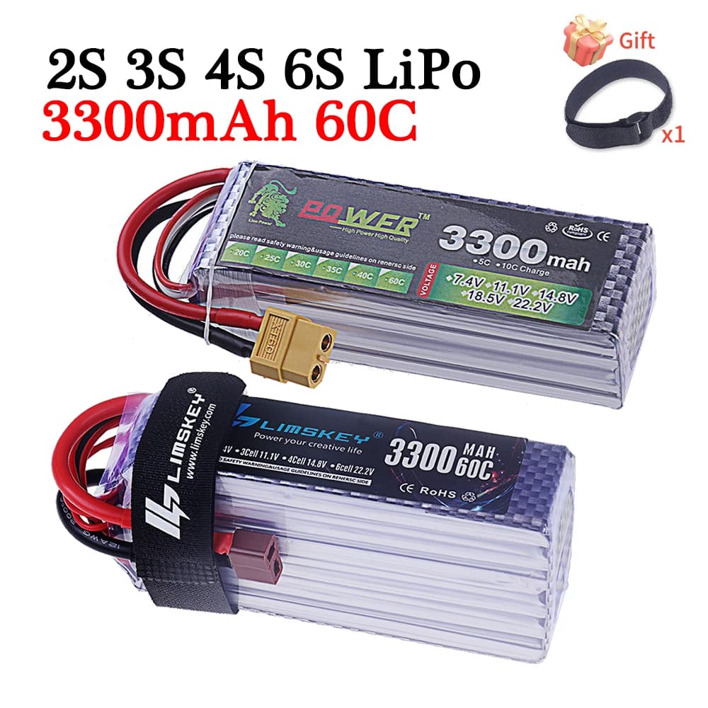 Batteria Lipo 60C 3300mAh 7.4V 11.1V 14.8V 22.2V Batteria 2S 3S 4S 6S Con connettore T XT60 per parti di elicotteri per camion auto RC