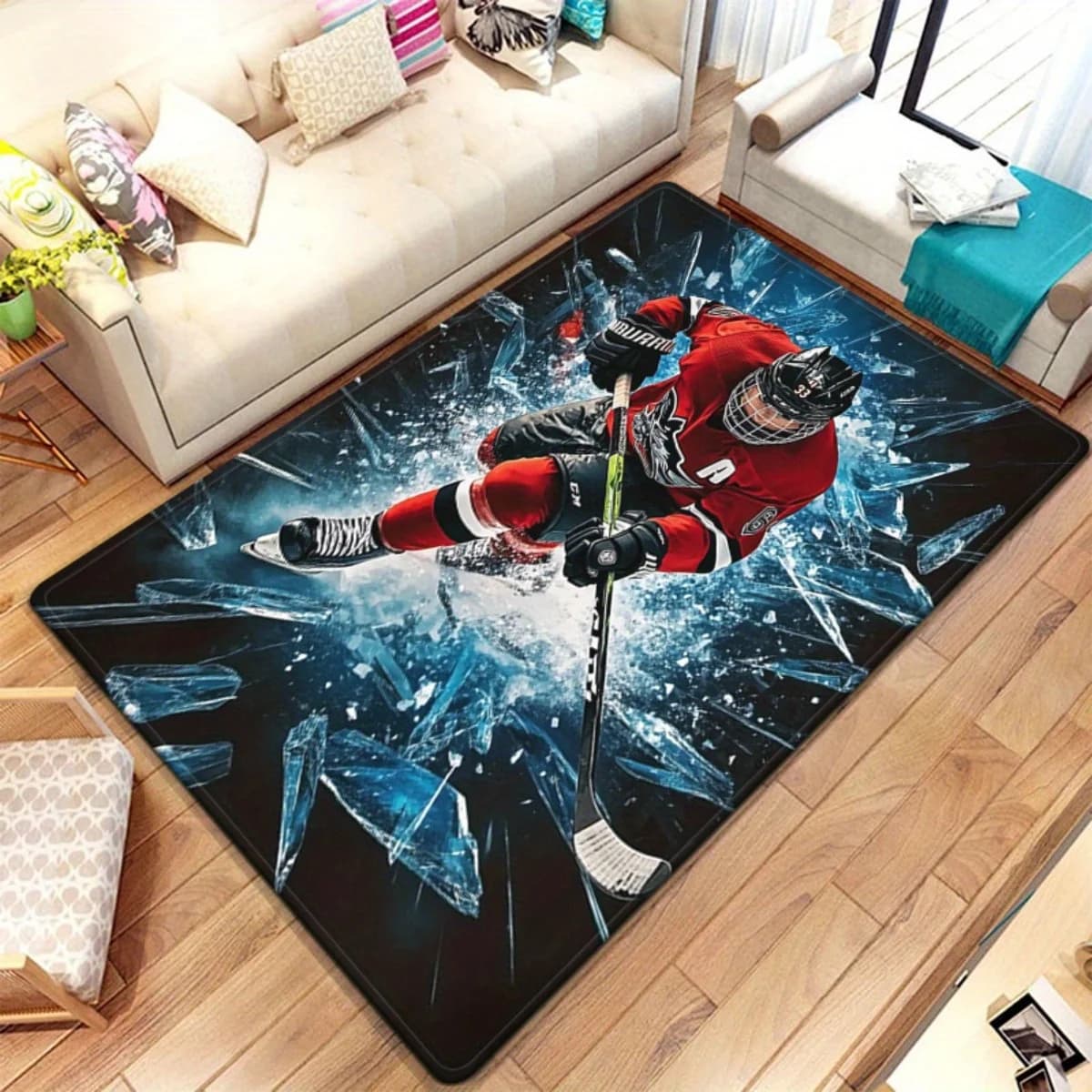 Ice hockey player theme carpet, absorbent and washable non-slip mat for kitchen, bathroom, home entrance, yoga decoration
