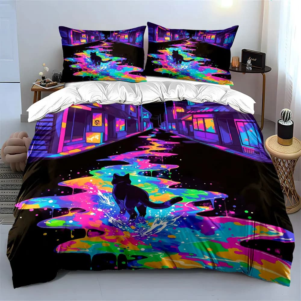 Set di biancheria da letto colorato Night Street Decor con 1 copripiumino e 2 federe, singolo, matrimoniale, king, queen, regalo
