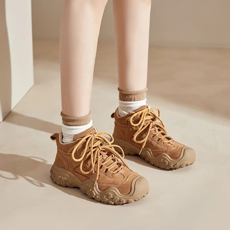 Womens Retro Suede Hiking Boots Chunky Non Slip Sole Lace Up Ankle Booties Camel And Beige Colors Comfortable Breathable Ladies