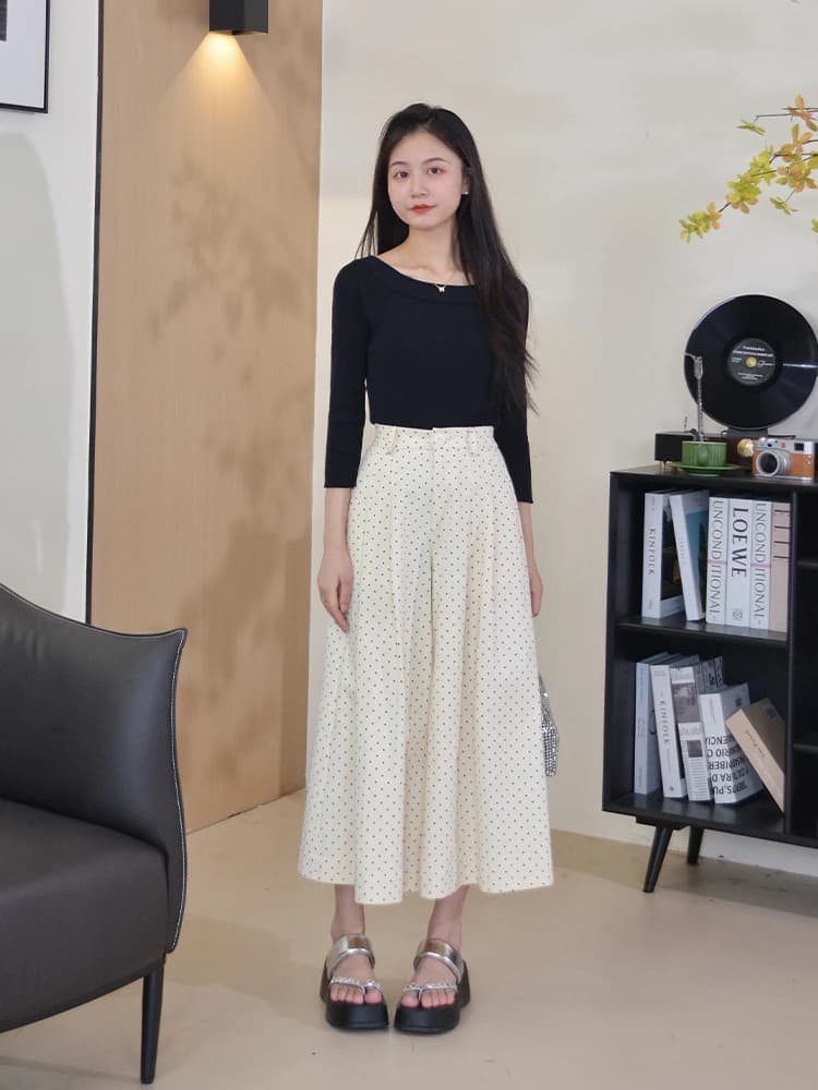 Completo Donna Paris Time SmallNA con Gonna a Pois e Pantaloni, Set Base Autunnale Due Pezzi con Maniche Lunghe e Colletto in Poliestere