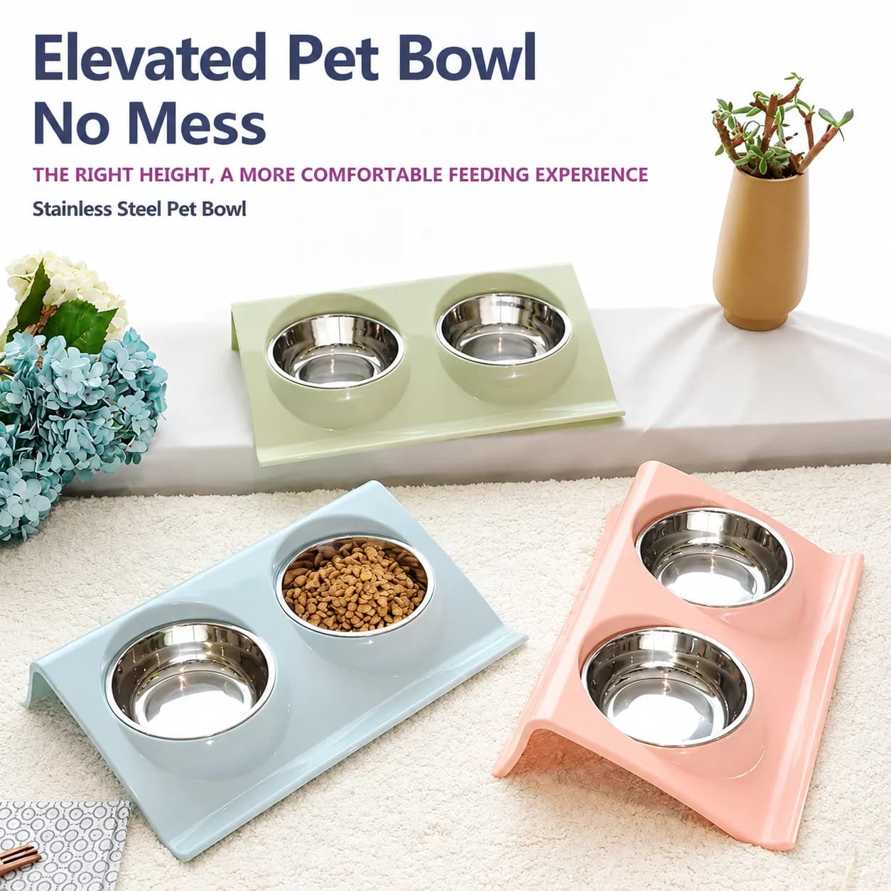 Pet Double Bowl Food And Water Integrated Feeder Anti Tip Slanted Cat Bowl For Kitten Feeding