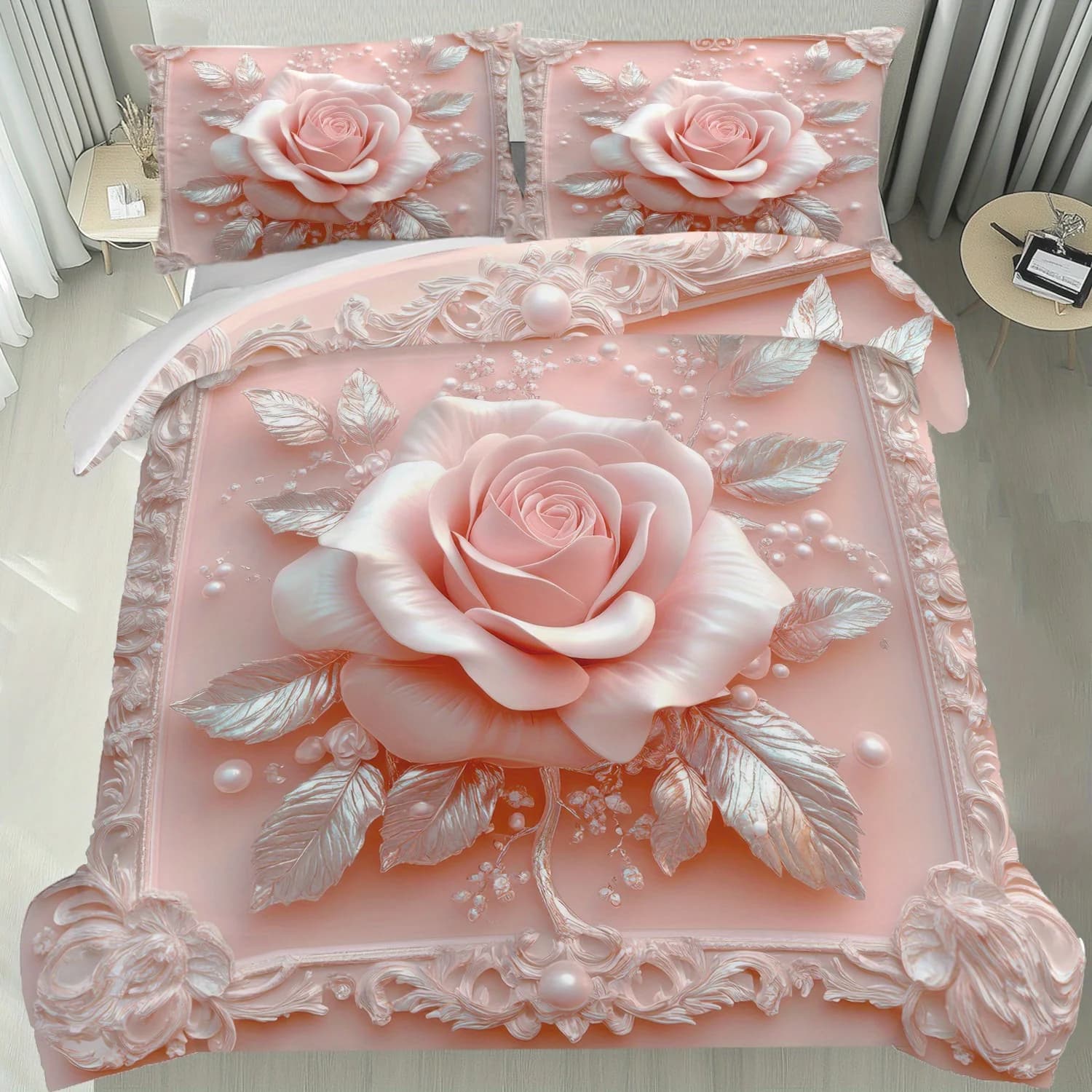 Latacaca Set copripiumino rosa rosa 2/3 pezzi, biancheria da letto floreale morbida e confortevole con federe, lavabile in lavatrice Queen King Size