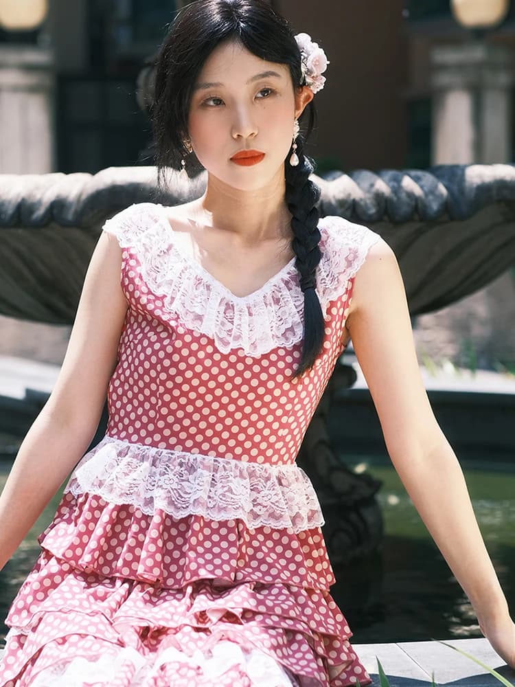 Abito lungo rosso a pois con scollo a V senza maniche, gonna a balze, vita alta, linea ad A, stile principessa, per primavera, estate, autunno