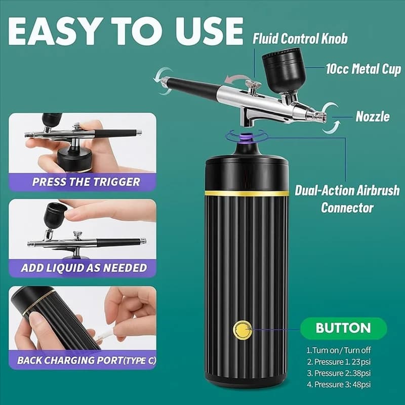 ABAE-Set aerografo senza fili, compressore ricaricabile 48 PSI, kit aerografo portatile portatile per unghie, trucco, arte