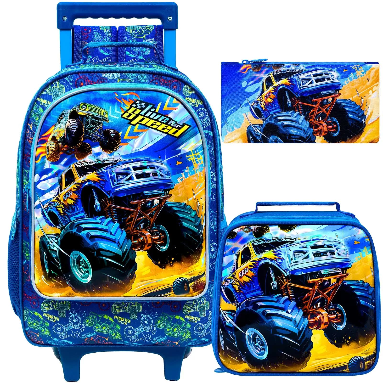 3Pcs Kids Monster Truck Rolling Backpack Set, Wheeled School Bag with Handbag & Pencil Case for Boys Students