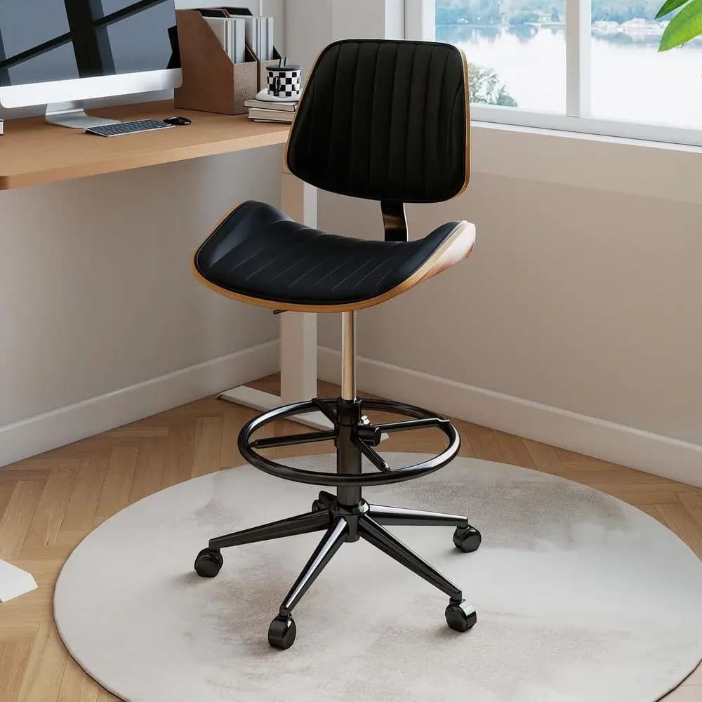 Sedia, sedia da ufficio ergonomica con supporto per la schiena in legno di noce, sedia da scrivania senza braccioli in pelle PU con cuscino spesso regolabile in altezza