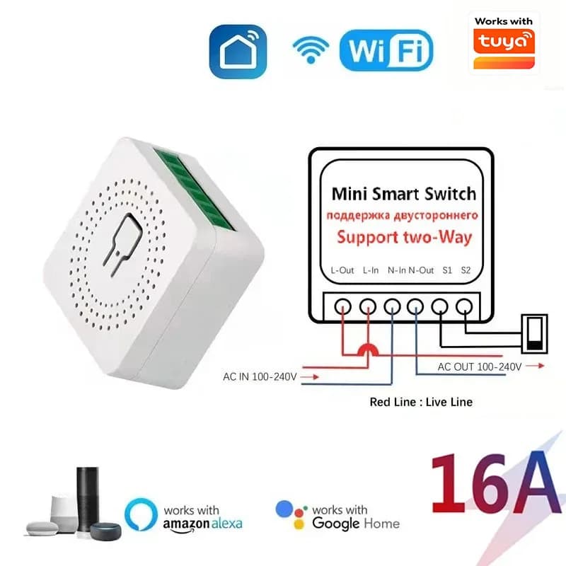 16A MINI Wifi FAI FROM TE Smart Switch Home 2-way control Relay Smart LIfe APP Remote control The timer works with Alexa Google Home Alice