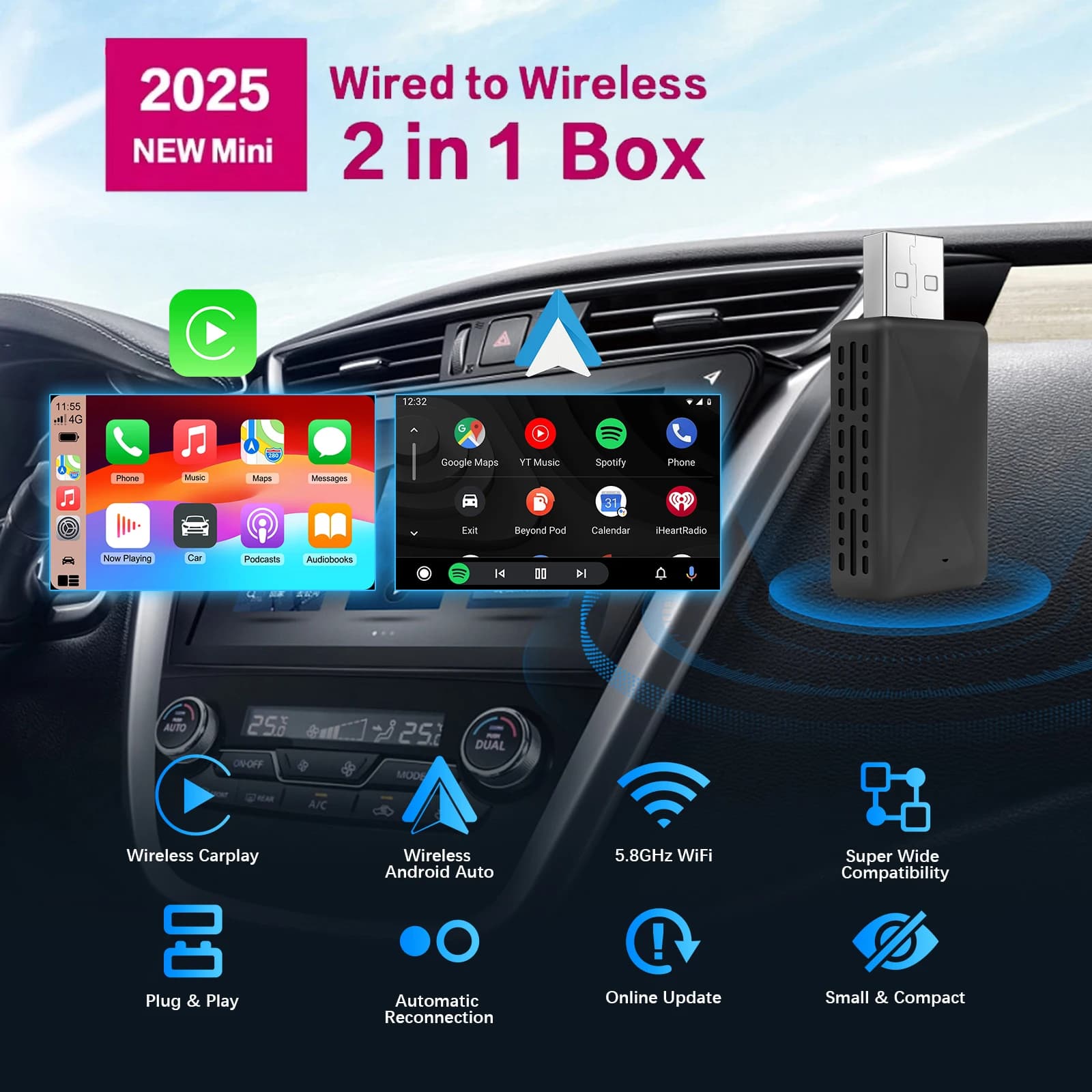 2025 NUOVO Wireless Carplay Android Auto 2In1 Smart Dongle Adattatore 5GWIFI BlueTooth5.2 Per 99% OEM Auto Plug And Play OTA Aggiornamento