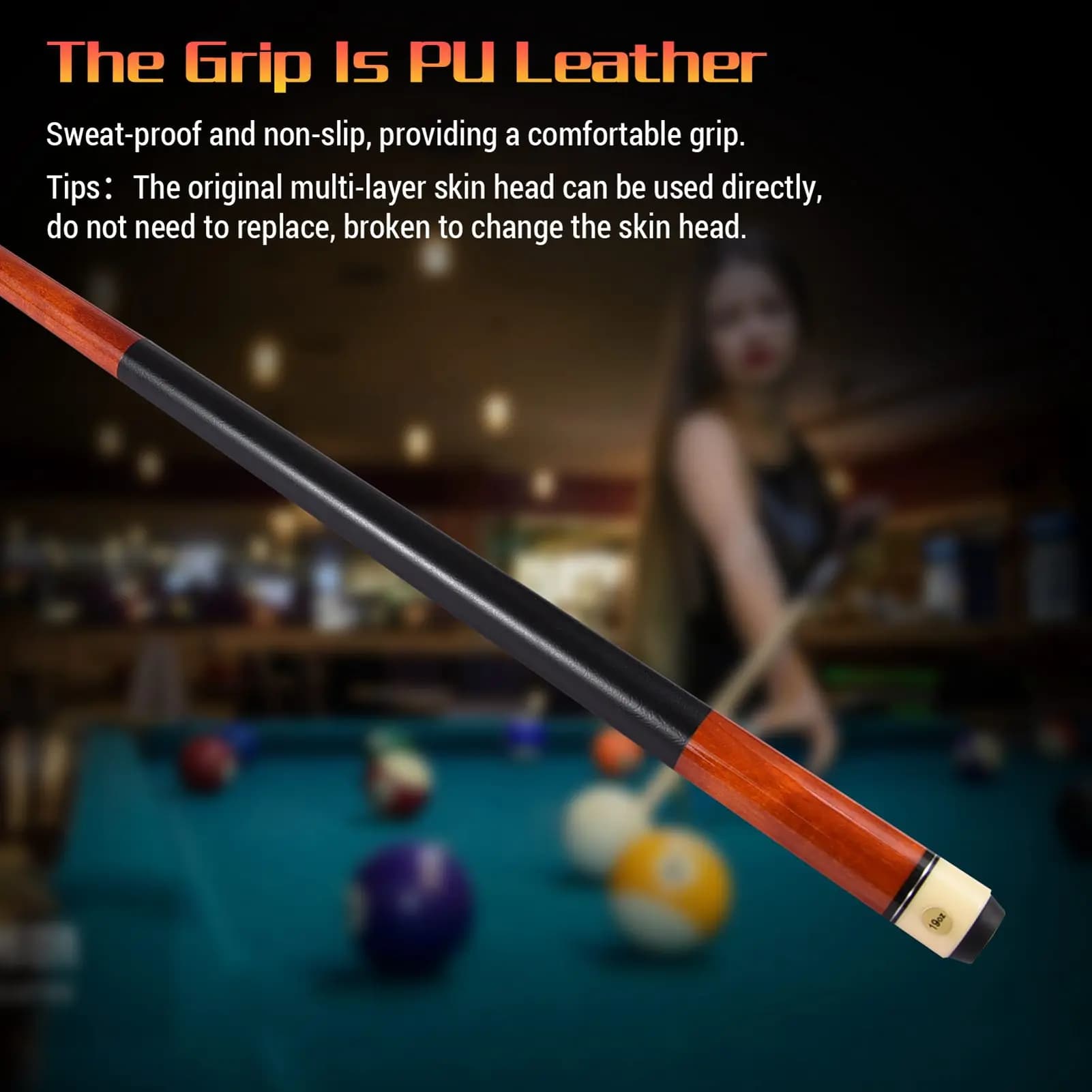 1.5M 59in Adult Maple Pool Cue 13mm Big Tip PU Non Slip Sweatproof Grip Double Section Billiard Stick for Beginners